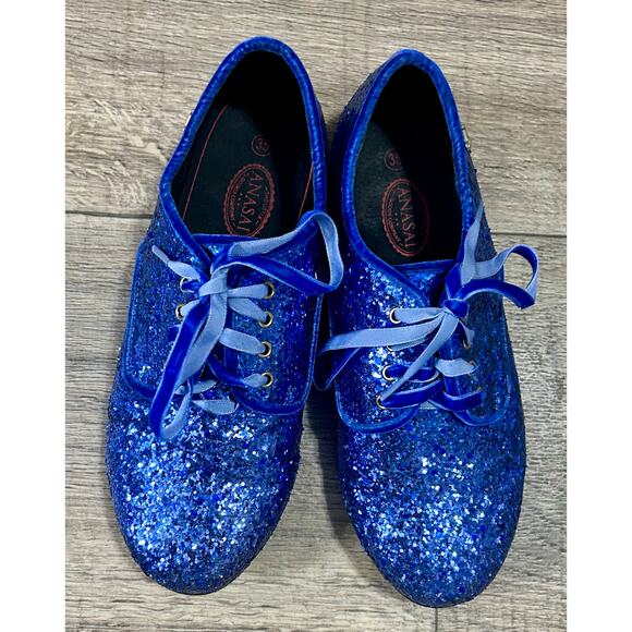 Cinderella princess blue glitter lace-up oxford/derby-style shoes. - Picture 3 of 9